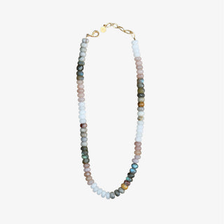 Neutral gemstone beaded necklace with mixed pastel and natural stone beads isolated product view