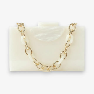 Celeste acrylic clutch bag with ivory pearlized acrylic back, gold and white chain strap, structured box clutch design back view for resort wear.