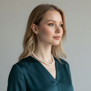 classic pearl necklace ivory 18 inch shell pearls side view worn model profile