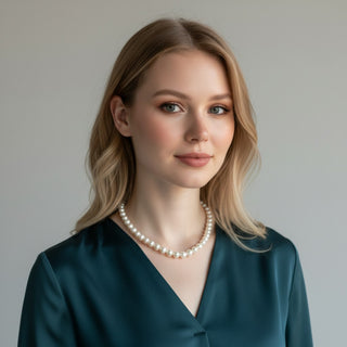 classic pearl necklace ivory 18 inch shell pearls worn model close up collarbone view