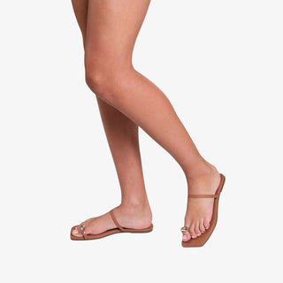 TKEES Colette leather sandals in Au Naturale with square toe and gold ring detail flat thong sandal