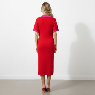  Red colorblock sweater midi dress with hot pink collar and sleeve trim, modeled from the back
