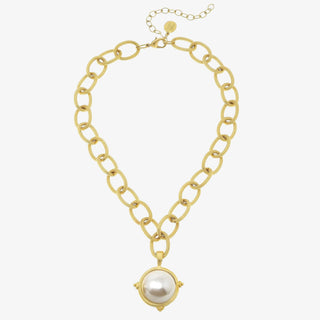Gold chain necklace with large cotton pearl pendant, handcrafted and 24K gold plated for timeless style