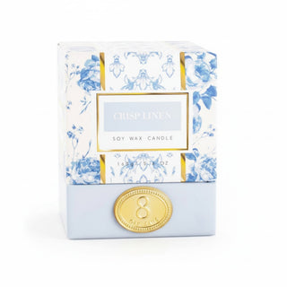8 Oak Lane Crisp Linen boxed candle with blue floral packaging and gold detail front view