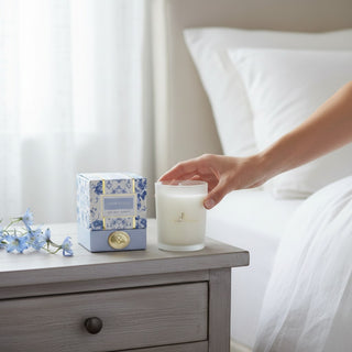 8 Oak Lane Crisp Linen soy wax candle on bedside table with soft clean bedroom lifestyle view