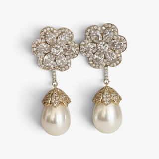 Crystal flower pearl drop earrings with sparkling CZ petals and teardrop pearl drop, elegant bridal statement earrings for weddings and formal events