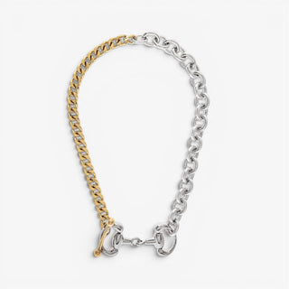 Yochi NY Otto Toggle Necklace with gold and silver mixed metal chain links and toggle detail flat lay view