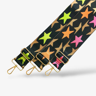 Black adjustable bag straps with gold hardware and neon star designs in lime, orange, and pink, perfect for adding a bold pop of color to any handbag.