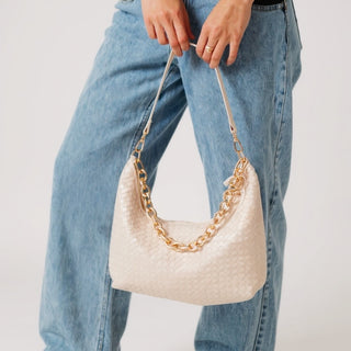 Sienna Slouchy Woven Shoulder Bag in cream with gold chain detail by Pretty Simple