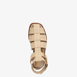 Sam Edelman Dawn Sandal in raffia strappy cage design with square toe and buckle ankle strap