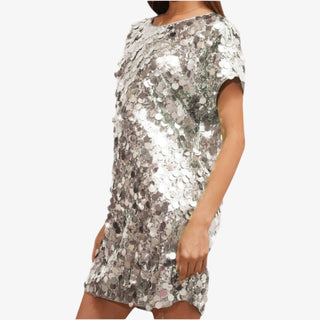 Silver mirrorball sequin mini dress with short sleeves and round neckline