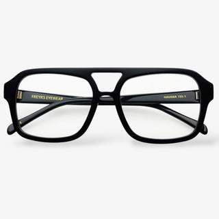Black square aviator-style eyeglasses with thick acetate frames and gold logo detailing on the temples for a bold, modern, and polished look.