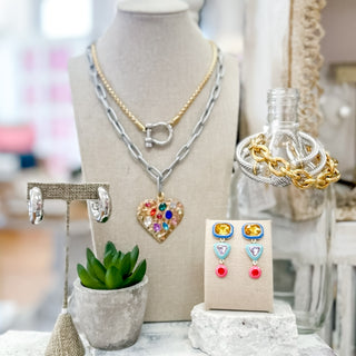 Gem Pop Drop Earrings with yellow, blue, and red geometric stones in a colorful modern design