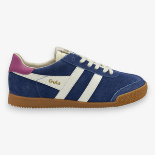 Gola Elan deep blue suede sneaker with white stripe detail, pink heel tab, gum sole, and lace-up design shown from side profile