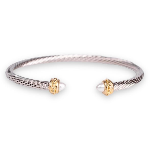 Silver and gold cable bracelet with pearl accents, classic and elegant design.