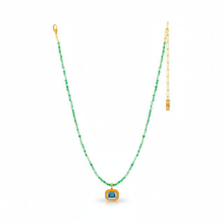 Orange pendant necklace blue stone green bead chain gold setting close up view