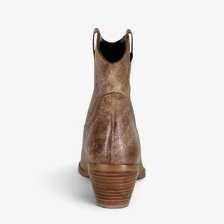 A single brown leather ankle boot shown from the back on a light gray background.