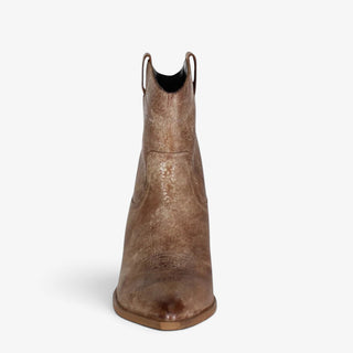 A single distressed brown leather ankle boot with pull loops, shown from a front-facing perspective on a light gray background.