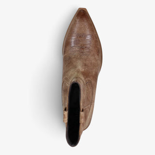 A single brown leather cowboy boot shown from a top-down view against a clean white background.