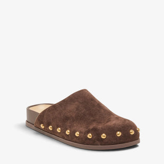 olce Vita Joney dark brown suede loafer mule with gold stud details, angled front view