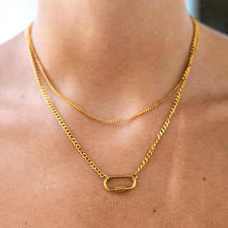 Gold chain necklace on a person's neck with a blurred background
