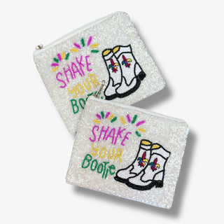 Mardi Gras Shake Your Bootie beaded pouch with purple green and gold boot design on white background