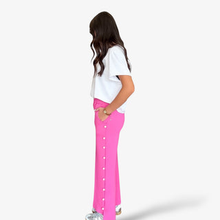 Pink pearl trim wide leg pants with side pockets and ankle slit