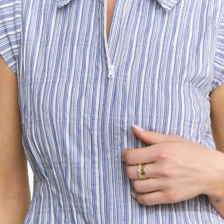 Striped bubble hem mini dress blue white collared summer outfit front view