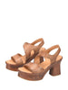 Brown leather slingback platform sandal with adjustable strap and faux wood heel.