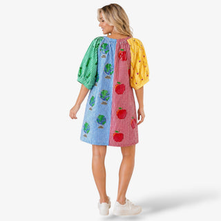 Queen of Sparkles Teacher Gingham Dress back view colorblock gingham dress with apple and globe design
