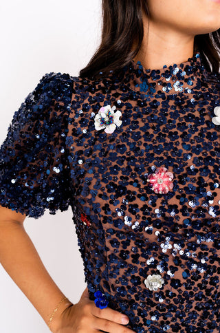 Floral Sequin Navy Dress Final Sale