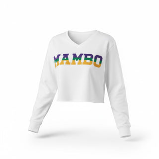 White sweatshirt with 'MAMBO' text in purple, green and gold letters on a white background
