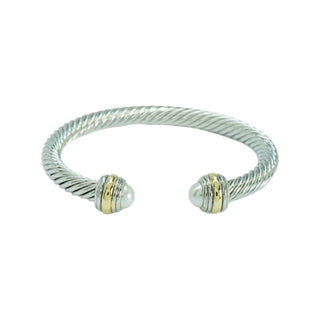 Cable Wire Cuff Bracelet with silver twisted band, pearl ends, and gold accent