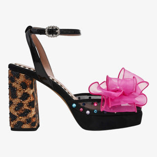 Betsey Johnson Palloma Heel with pink organza bow, jeweled ankle strap, and leopard block heel platform sandal for statement style.