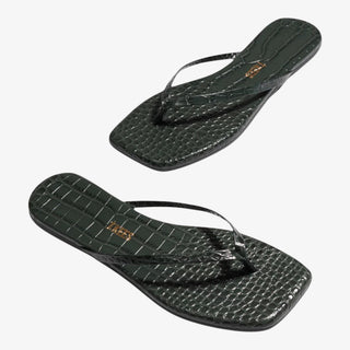 TKEES square toe flip flop sandal green croc texture angled view