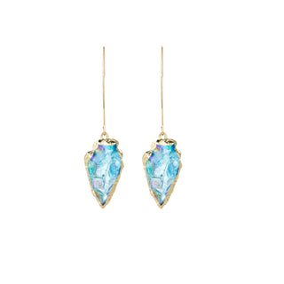 Aqua Blue Iridescent Arrowhead Earrings with gold trim and long ear hooks