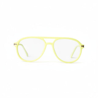 EyeJets Mykonos neon green velvet blue light reading glasses front view with lightweight aviator frame and spring hinges.