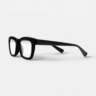 EyeJets Dubai black velvet blue light reading glasses shown at an angled view highlighting the square velvet frame.