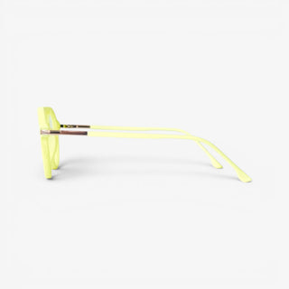 Side view of EyeJets Mykonos neon green velvet blue light reading glasses highlighting slim temples, spring hinges, and lightweight design.