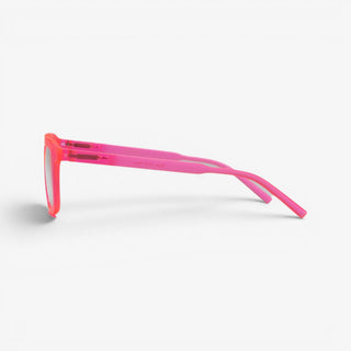 Side view of EyeJets Ibiza pink blue light reading glasses with lightweight velvet frame and comfortable spring hinges.