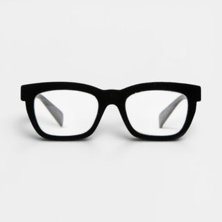 EyeJets Dubai black velvet blue light reading glasses front view featuring a square black velvet frame.