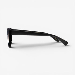 Side view of EyeJets Dubai black velvet blue light reading glasses with a lightweight square velvet frame.