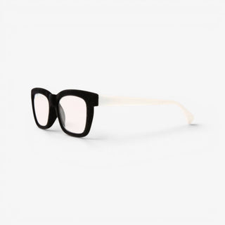 EyeJets Dubai black velvet blue light readers with white temples angled view showing the square frame