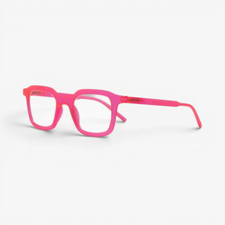 EyeJets Ibiza pink blue light reading glasses with square velvet frame shown at an angled view highlighting the temples.