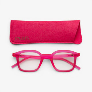 EyeJets Ibiza pink blue light reading glasses with matching pink protective case displayed on a white background.