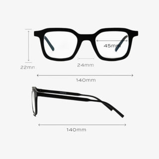 EyeJets Ibiza blue light reading glasses size guide showing frame width, lens width, bridge width, and temple measurements.