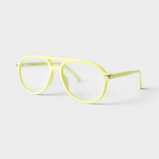 EyeJets Mykonos neon green velvet blue light reading glasses angled view showing the soft velvet finish and aviator frame.