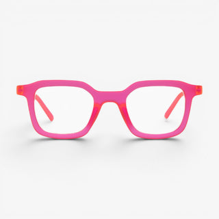 EyeJets Ibiza pink blue light reading glasses with square velvet frame shown from the front on a white background.