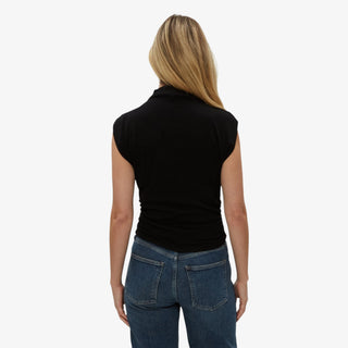 Michael Stars Amara Mock Neck Top in black with cap sleeves and ribbed fitted silhouette