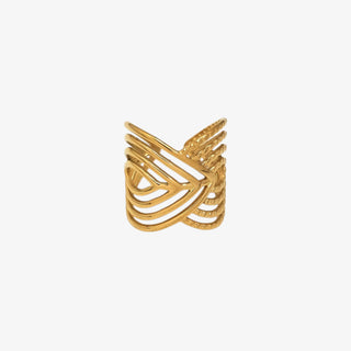 Gold ring with a leaf design on a white background
